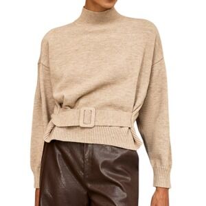 Commense Sweater Womens Small Balloon Sleeve Belted Quiet Luxury Neutral NEW